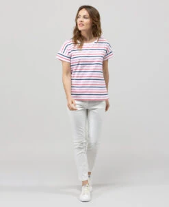 ASMAR Women's Pink Striped Short Sleeve T-Shirt with Shoulder Detail