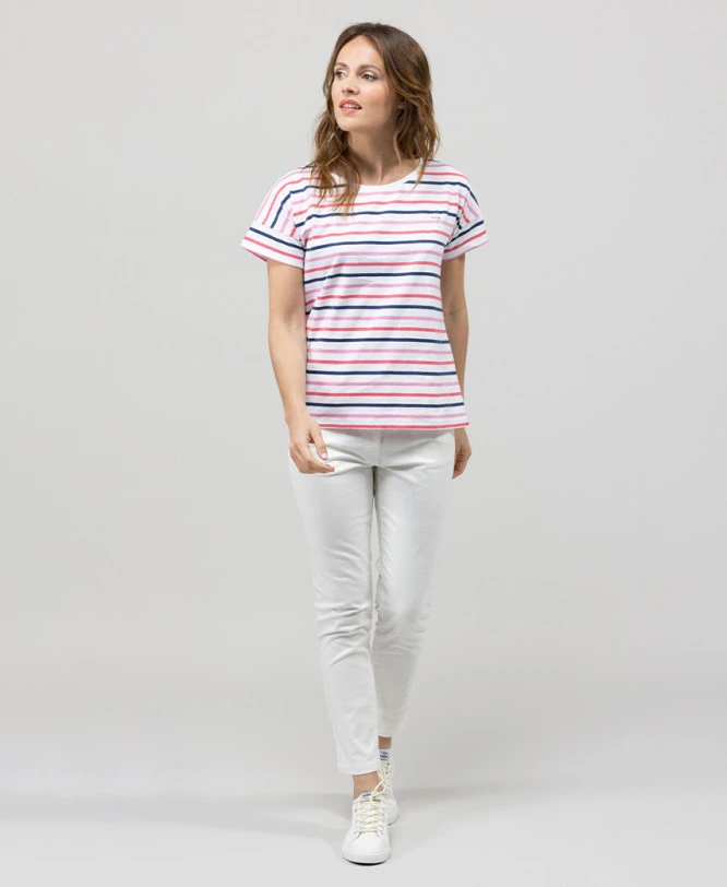 ASMAR Women's Pink Striped Short Sleeve T-Shirt with Shoulder Detail 3 ASMAR Women's Pink Striped Short Sleeve T-Shirt with Shoulder Detail