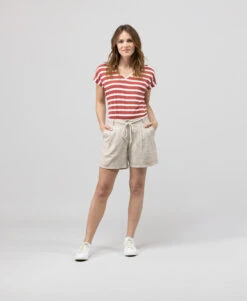 Short Bermuda Fluide en Lin Grège avec Ceinture à Nouer