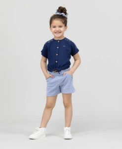Quessie Short Fille en Maille Reliefée Rayé Bleu et Blanc