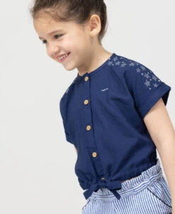 Blouse Fille Légère en Viscose Bleu Marine à Motifs Étoilés