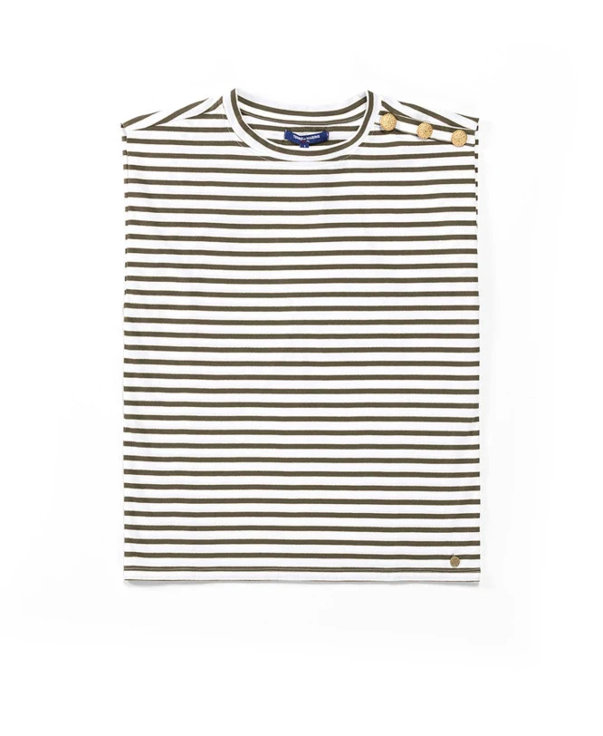 Débardeur Rayé Kaki Femme - Style Marinière avec Boutons Dorés 5 Débardeur Rayé Kaki Femme - Style Marinière avec Boutons Dorés – Image 3