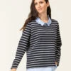 Sweat Rayé Femme Effet 2 en 1 avec Col Chemise Contrasté 2 Sweat Rayé Femme Effet 2 en 1 avec Col Chemise Contrasté -Terredemarins prod 7944 sweat fond indigo raye naturel caraly 666x812 fc7ea0111e0b