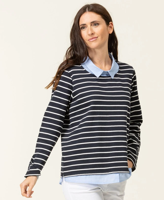 Sweat Rayé Femme Effet 2 en 1 avec Col Chemise Contrasté 3 Sweat Rayé Femme Effet 2 en 1 avec Col Chemise Contrasté