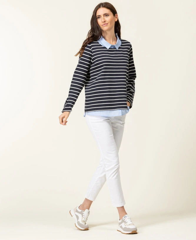 Sweat Rayé Femme Effet 2 en 1 avec Col Chemise Contrasté 6 Sweat Rayé Femme Effet 2 en 1 avec Col Chemise Contrasté – Image 4