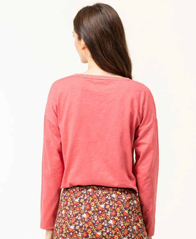 T-shirt Femme Rose Manches Longues Col V avec Détails Brillants Lurex 4 T-shirt Femme Rose Manches Longues Col V avec Détails Brillants Lurex – Image 2