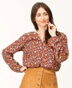 Blouse Fluide à Imprimé Floral Rose pour Femme - Col V et Lurex