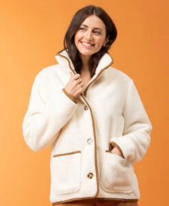VICIA - Veste Polaire Sherpa Grège à Col Montant pour Femme