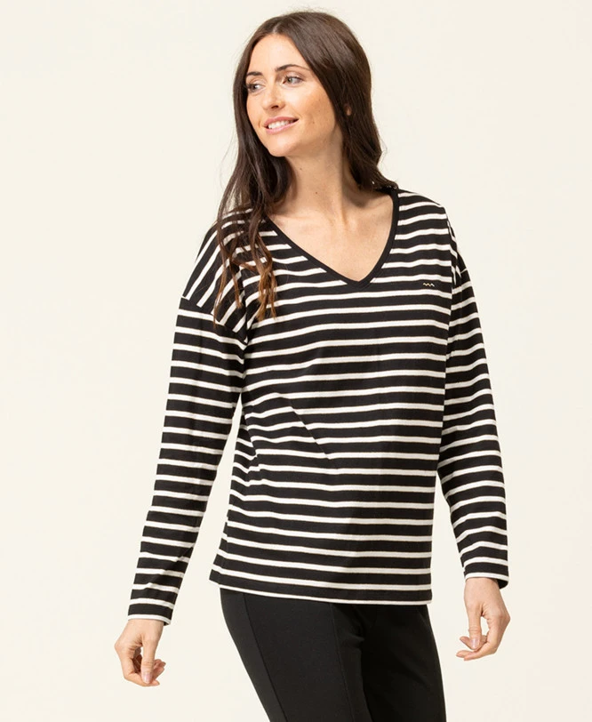 T-shirt Rayé Noir Femme Manches Longues avec Détails Lurex Doré 4 T-shirt Rayé Noir Femme Manches Longues avec Détails Lurex Doré – Image 2