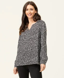 Blouse Fluide en Viscose à Imprimé Floral Noir et Détails Lurex