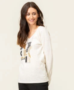 T-shirt Manches Longues Femme Col V avec Imprimé Doré Élégant