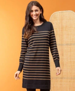 Robe Pull Rayée Noir et Camel avec Détails Dorés et Lurex