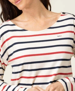 T-shirt Manches Longues Rayé Multicolore pour Femme - Style Marin Chic -Terredemarins prod 8058 tee shirt ml fond grege raye rouge tossa 666x812 fc7ea0111e0b