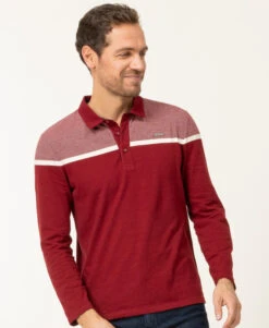 Polo Homme Manches Longues Rouge Grenat - Style Marin & Détails Jacquard