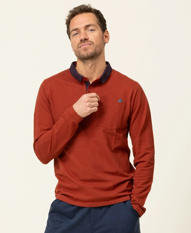 Polo Homme Manches Longues en Maille Piquée - Coloris Rouille