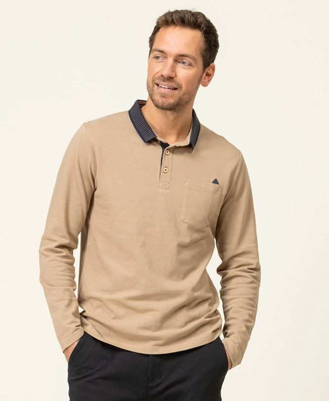 Polo Homme Manches Longues Beige en Maille Piquée Élégant 3 Polo Homme Manches Longues Beige en Maille Piquée Élégant