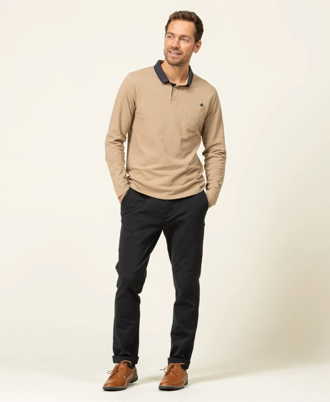 Polo Homme Manches Longues Beige en Maille Piquée Élégant 6 Polo Homme Manches Longues Beige en Maille Piquée Élégant – Image 4