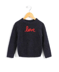 Pull Fille en Maille à Poils Bleu Marine avec Motif Love