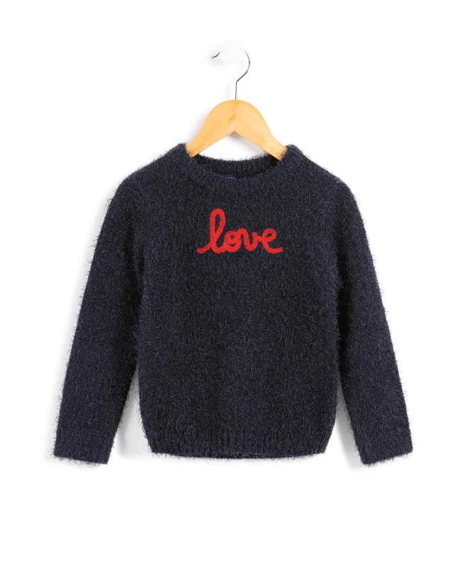 Pull Fille en Maille à Poils Bleu Marine avec Motif Love 3 Pull Fille en Maille à Poils Bleu Marine avec Motif Love