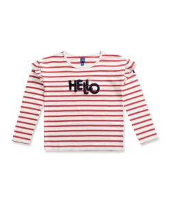 Girls' Striped Long-Sleeve Tee with Elegant Ruffles and Embroidery
