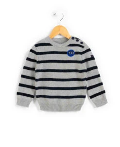 Pull Marin Rayé pour Garçon - Tricot Gris et Bleu Marine