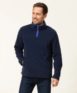 Pull Polaire Bleu Marine Homme à Col Montant et Poches