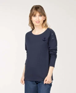 Terre de Marins T-shirt Femme Manches Longues Col Bateau Bleu Marine