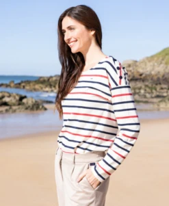 T-shirt Manches Longues Rayé Multicolore pour Femme - Style Marin Chic -Terredemarins prod 8706 tee shirt ml fond grege raye rouge tossa 666x812 fc7ea0111e0b