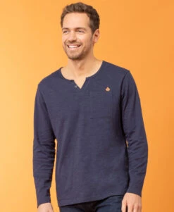 T-shirt Homme Manches Longues à Col Tunisien - Bleu Marine Chic