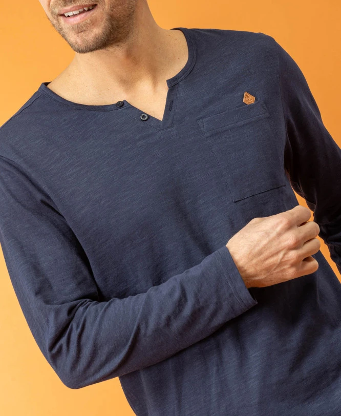 T-shirt Homme Manches Longues à Col Tunisien - Bleu Marine Chic 5 T-shirt Homme Manches Longues à Col Tunisien - Bleu Marine Chic – Image 3