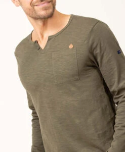 Men's Khaki Long Sleeve Henley T-Shirt - Textured Slub Knit Casual Top -Terredemarins prod 8787 tee shirt ml kaki tatori 666x812 fc7ea0111e0b