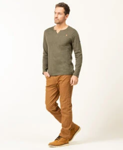Men's Khaki Long Sleeve Henley T-Shirt - Textured Slub Knit Casual Top -Terredemarins prod 8788 tee shirt ml kaki tatori 666x812 fc7ea0111e0b
