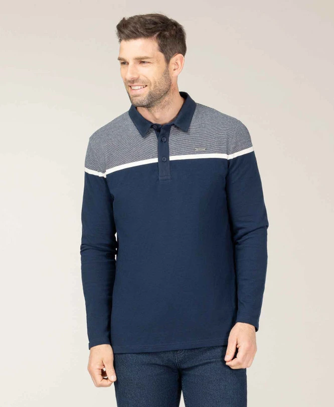 Polo Homme Manches Longues Bleu Marine avec Détails Jacquard