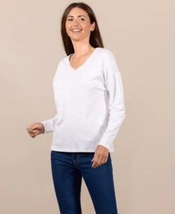 T-shirt Manches Longues Femme Blanc Cassé - Col V Chic avec Lurex