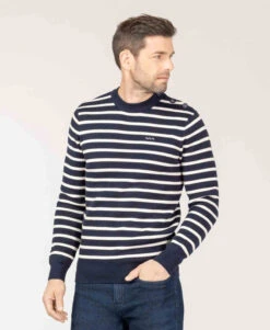 Pull Marin Indigo Homme à Rayures et Boutons Épaule