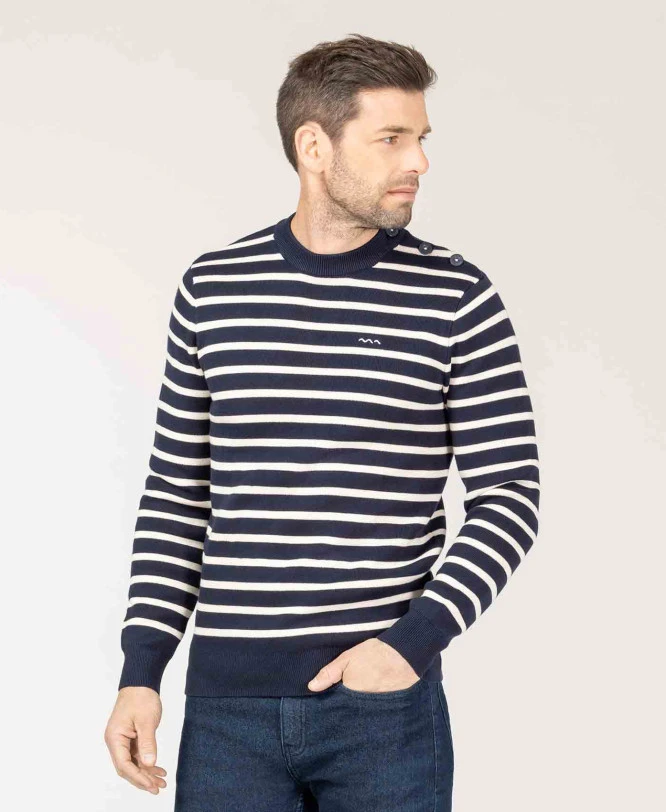 Pull Marin Indigo Homme à Rayures et Boutons Épaule 3 Pull Marin Indigo Homme à Rayures et Boutons Épaule