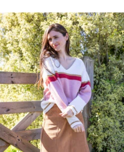 Pull Rayé Rose Femme avec Laine - Col V Tricot Multicolore