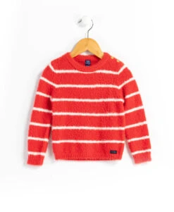 Pull Rayé Rouge Fraise pour Fille - Tricot Doux à Boutons