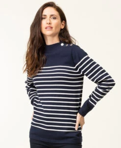 Pull Marin Rayé pour Femme avec Boutons Épaule - Style Intemporel