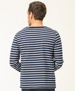 Marinière Homme Manches Longues en Coton Éco-Conçu - Bleu Marine et Blanc -Terredemarins prod 9263 mariniere ml fond indigo raye blanc ecohol 666x812 fc7ea0111e0b