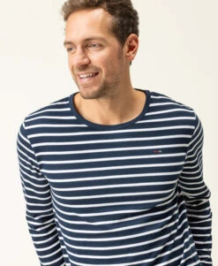 Marinière Homme Manches Longues en Coton Éco-Conçu - Bleu Marine et Blanc -Terredemarins prod 9264 mariniere ml fond indigo raye blanc ecohol 666x812 fc7ea0111e0b