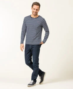 Marinière Homme Manches Longues en Coton Éco-Conçu - Bleu Marine et Blanc -Terredemarins prod 9265 mariniere ml fond indigo raye blanc ecohol 666x812 fc7ea0111e0b