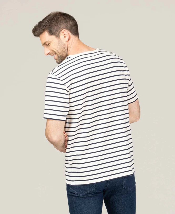 ECOHOK Marinière Homme à Manches Courtes - Style Marin Moderne Grège et Bleu 4 ECOHOK Marinière Homme à Manches Courtes - Style Marin Moderne Grège et Bleu – Image 2