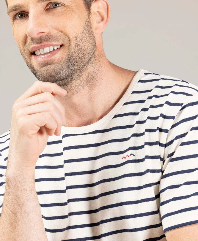 ECOHOK Marinière Homme à Manches Courtes - Style Marin Moderne Grège et Bleu 5 ECOHOK Marinière Homme à Manches Courtes - Style Marin Moderne Grège et Bleu – Image 3