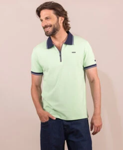 Polo Vert Pistache Homme - Design Octavien à Col Contrasté et Rayures Élégantes