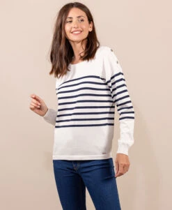 Pull Marinière Femme Grège à Rayures Bleu Marine avec Boutons Épaule