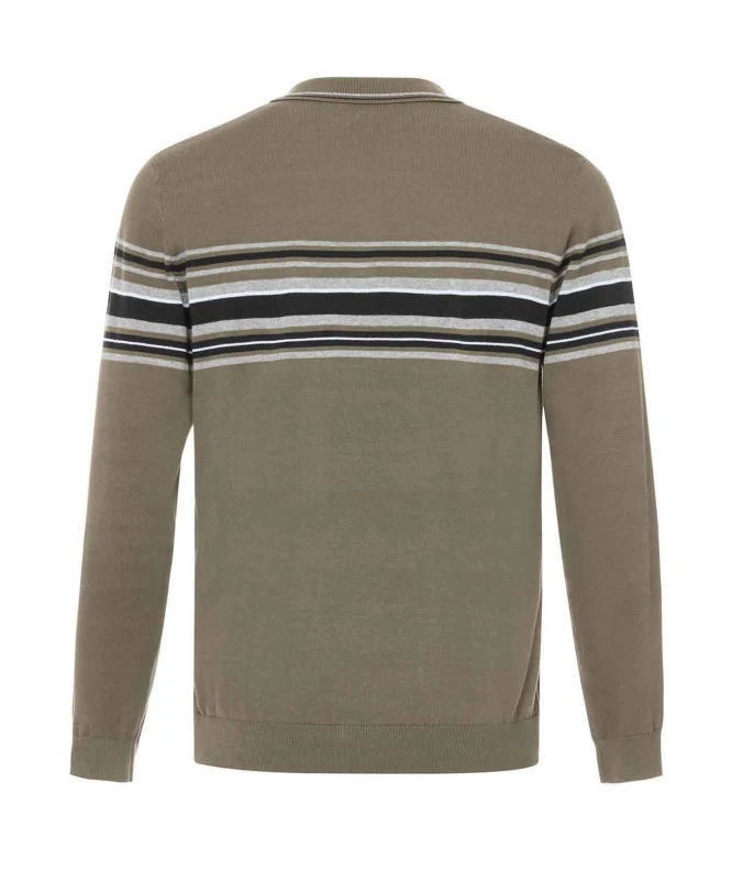 Pull Kaki Homme avec Col Polo et Rayures Placées - Style Casual Chic 4 Pull Kaki Homme avec Col Polo et Rayures Placées - Style Casual Chic – Image 2