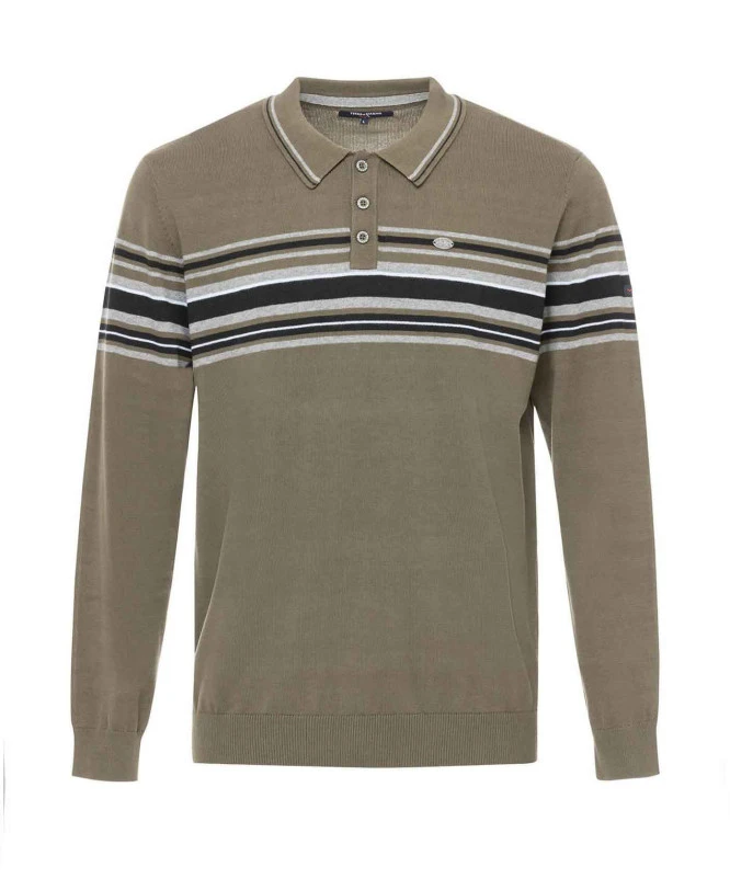 Pull Kaki Homme avec Col Polo et Rayures Placées - Style Casual Chic 3 Pull Kaki Homme avec Col Polo et Rayures Placées - Style Casual Chic