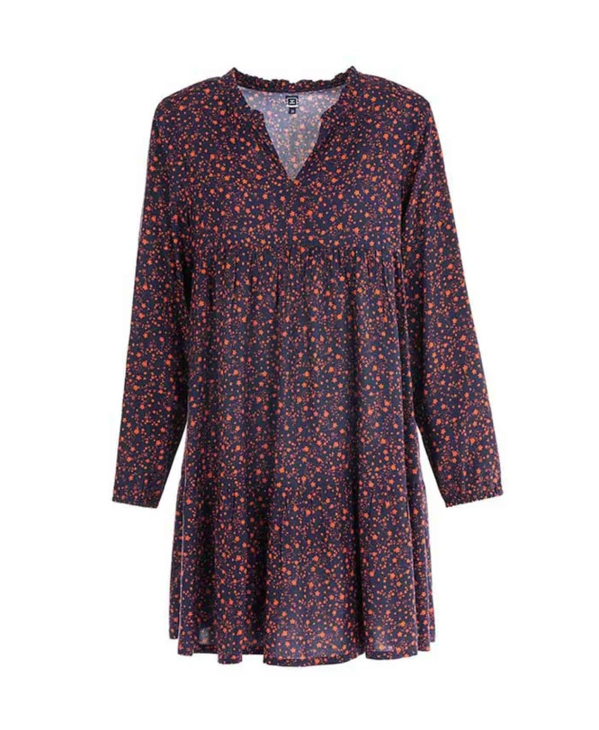 Robe Longue Fleurie en Viscose Bleu Nuit avec Détails Plissés