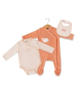 Ensemble Naissance 3 Pièces : Pyjama Velours, Body et Bavoir Pêche